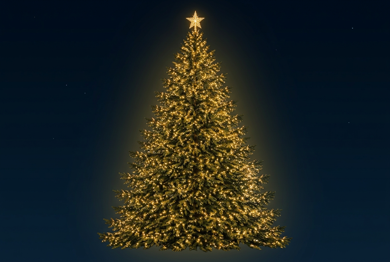 A giant evergreen Christmas tree comes alive with golden lights and a shining star at the top